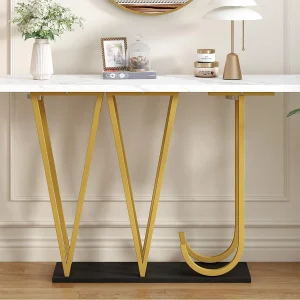 Console tafel moderne stijl 120×29,5×80 cm – voor woonkamer of gang – structuur en poten van metaal – Wit Console tafel moderne stijl 120×29,5×80 cm – voor woonkamer of gang – structuur en poten van metaal – Wit