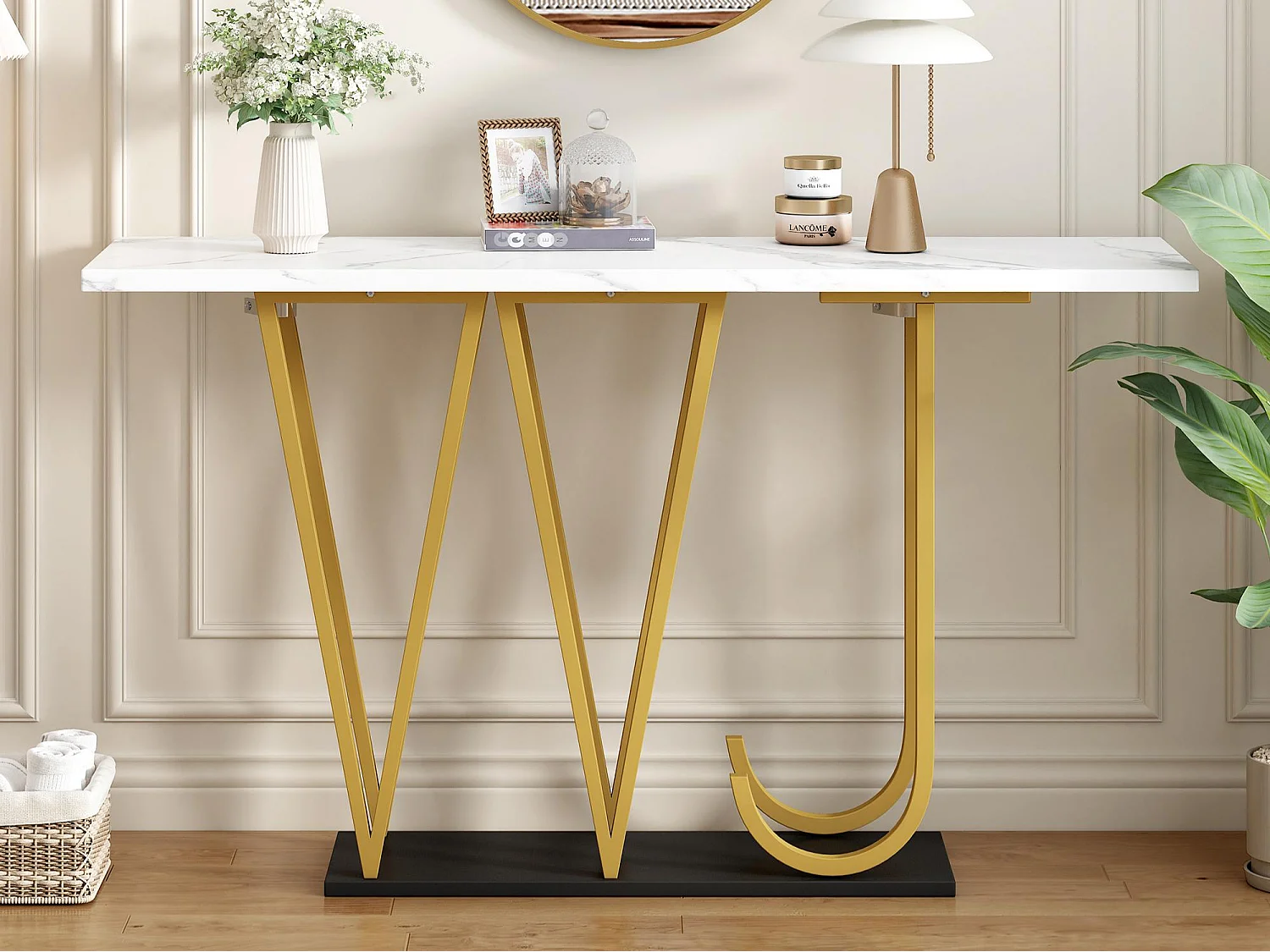 Console tafel moderne stijl 120x29,5x80 cm - voor woonkamer of gang - structuur en poten van metaal - Wit