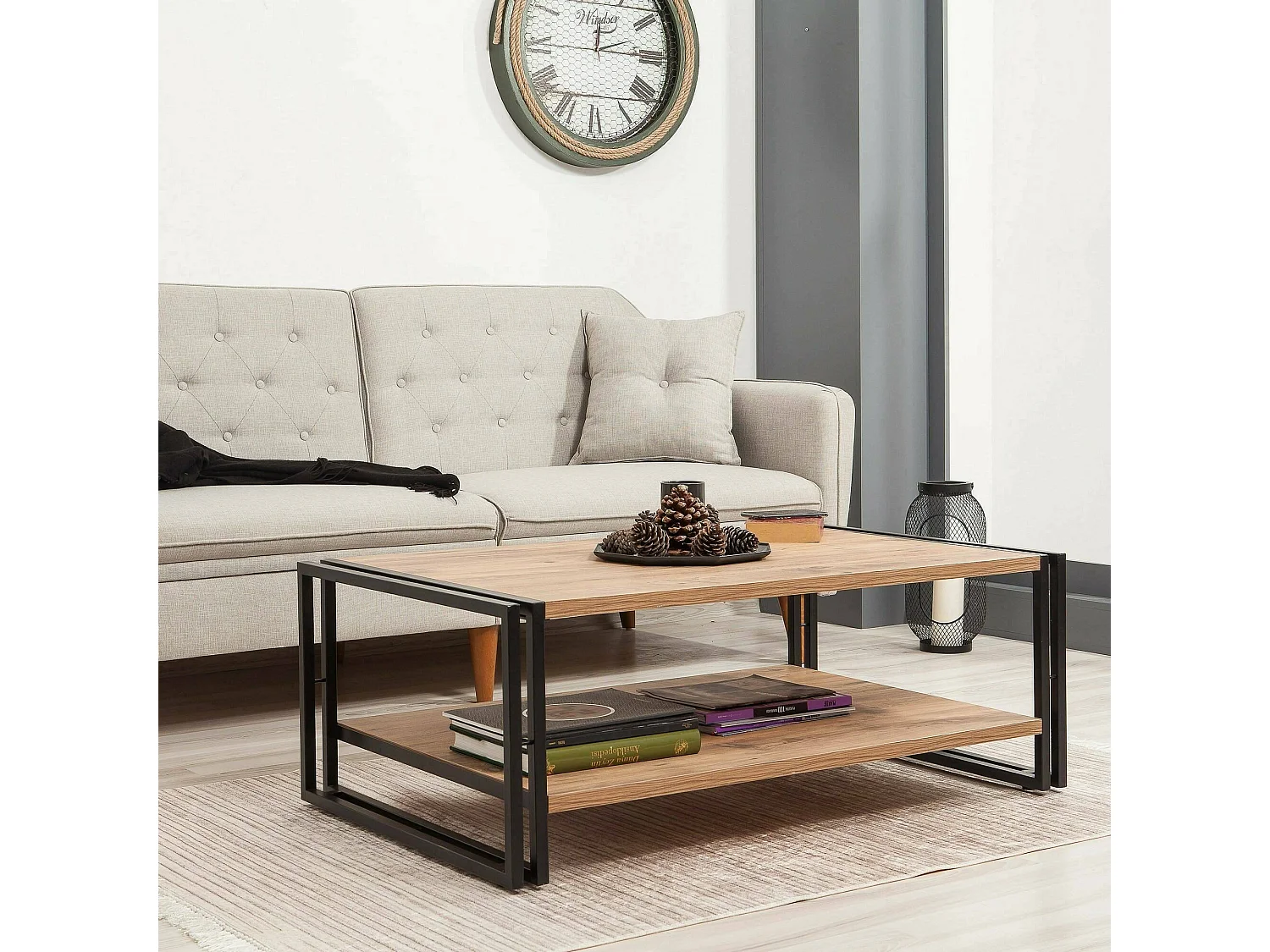 Dpierozz-safeinzettafel, Koffietafel, Staafhouder voor bank, plank, 110x70h40 cm, Eik en Zwart