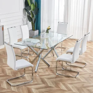 Chromen cantileverstoelen (set van 4) – wit imitatieleer, draagvermogen 120 kg Chromen cantileverstoelen (set van 4) – wit imitatieleer, draagvermogen 120 kg