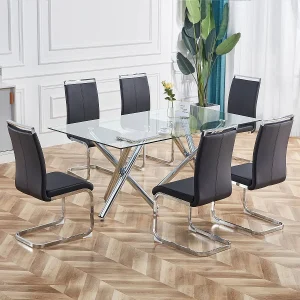 Chromen cantileverstoelen (set van 4) – zwart imitatieleer, draagvermogen 120 kg Chromen cantileverstoelen (set van 4) – zwart imitatieleer, draagvermogen 120 kg