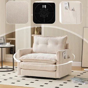 Draaibare fauteuil met armleuningen, moderne eenpersoonsbank voor woon- en werkruimtes.