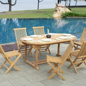 Teakhouten tuineethoek: uitschuifbare tafel L.120 / 170 cm en 6 klapstoelen – Licht naturel – BYBLOS II van MYLIA Teakhouten tuineethoek: uitschuifbare tafel L.120 / 170 cm en 6 klapstoelen – Licht naturel – BYBLOS II van MYLIA