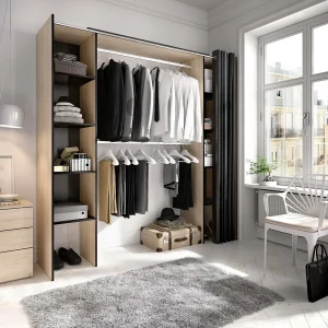 Dgond kledingkast, Structuur voor inloopkast, Uitschuifbare open kleerhanger, 180x50h205 cm, Eiken en Grijs