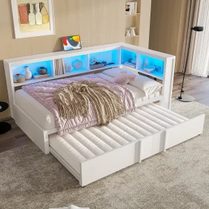 Dagbed 90x200cm met uitschuifbaar bed 90x190cm – LED, USB en opbergruimte – Metaal en MDF – Wit Dagbed 90x200cm met uitschuifbaar bed 90x190cm – LED, USB en opbergruimte – Metaal en MDF – Wit