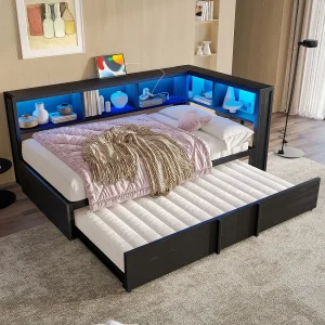 Dagbed 90x200cm met uitschuifbaar bed 90x190cm – LED, USB en opbergruimte – Metaal en MDF – Zwart Dagbed 90x200cm met uitschuifbaar bed 90x190cm – LED, USB en opbergruimte – Metaal en MDF – Zwart