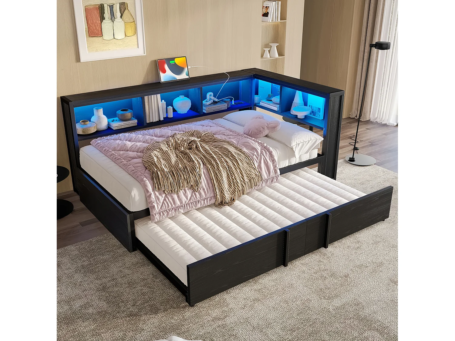 Dagbed 90x200cm met uitschuifbaar bed 90x190cm - LED, USB en opbergruimte - Metaal en MDF - Zwart