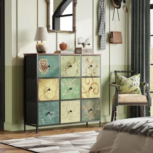 Ladekast met 9 lades – slaapkamermeubel – metalen frame en houten blad – opbergmeubel voor de woonkamer – vintage stijl