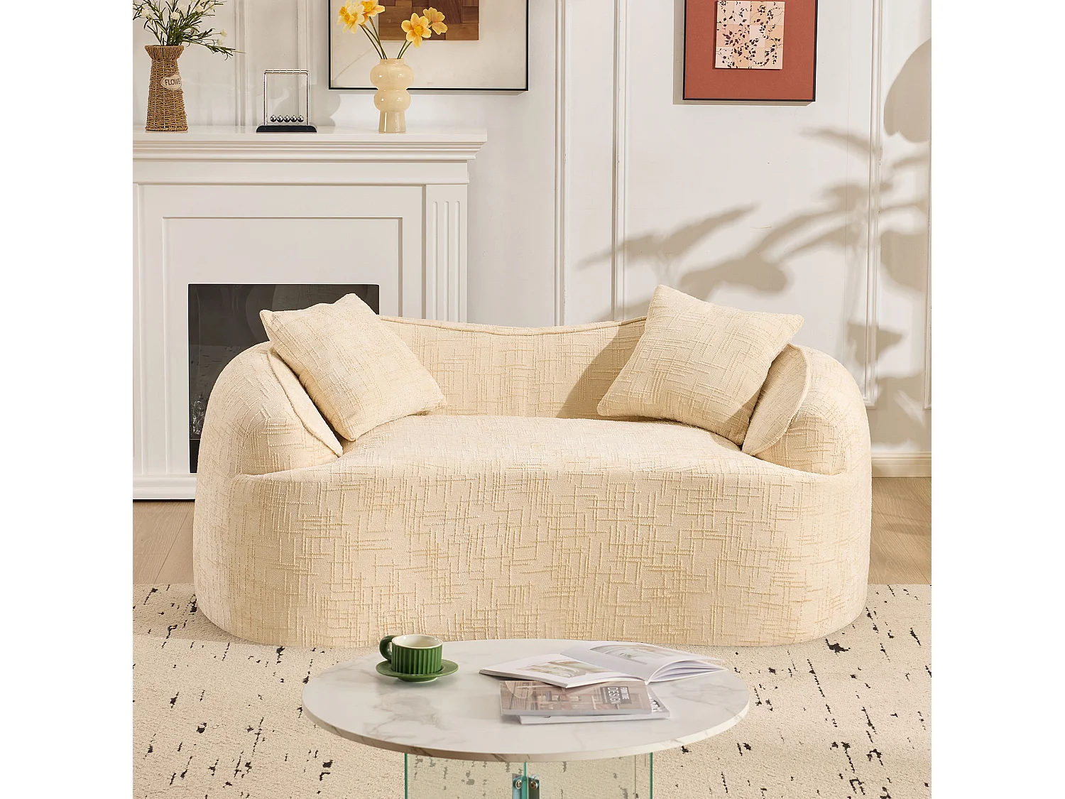 Compacte 2-zitsbank met armleuningen en kussens, beige - Compact en stijlvol voor uw ruimte
