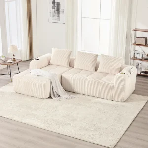 Compacte modulaire bank van corduroy met zijvakken en beige kussens – Praktisch en stijlvol voor uw ruimte. Compacte modulaire bank van corduroy met zijvakken en beige kussens – Praktisch en stijlvol voor uw ruimte.