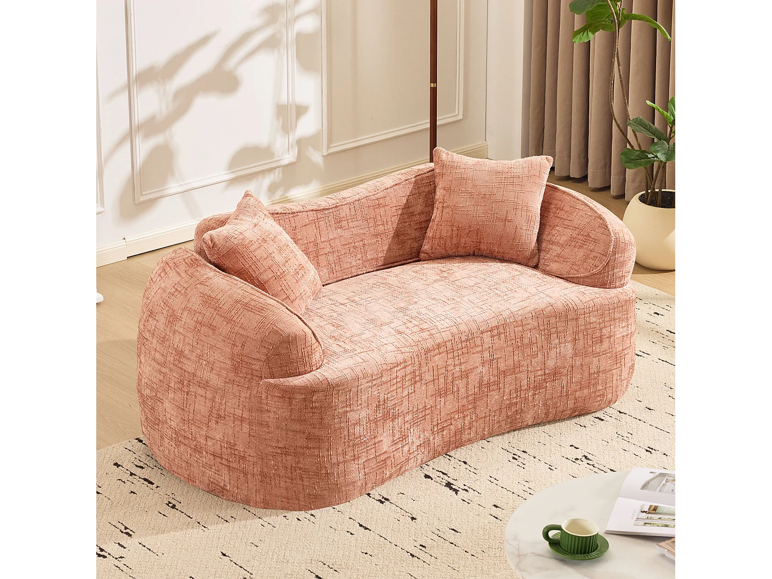 Compacte 2-zitsbank met armleuningen en kussens, roze