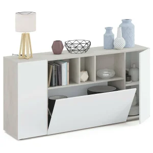 Dmora Dressoir Paterson 41x150x76h cm Wit, 2 Planken, 8 Vakken, Buffetkast 3 Deuren Dmora Dressoir Paterson 41x150x76h cm Wit, 2 Planken, 8 Vakken, Buffetkast 3 Deuren