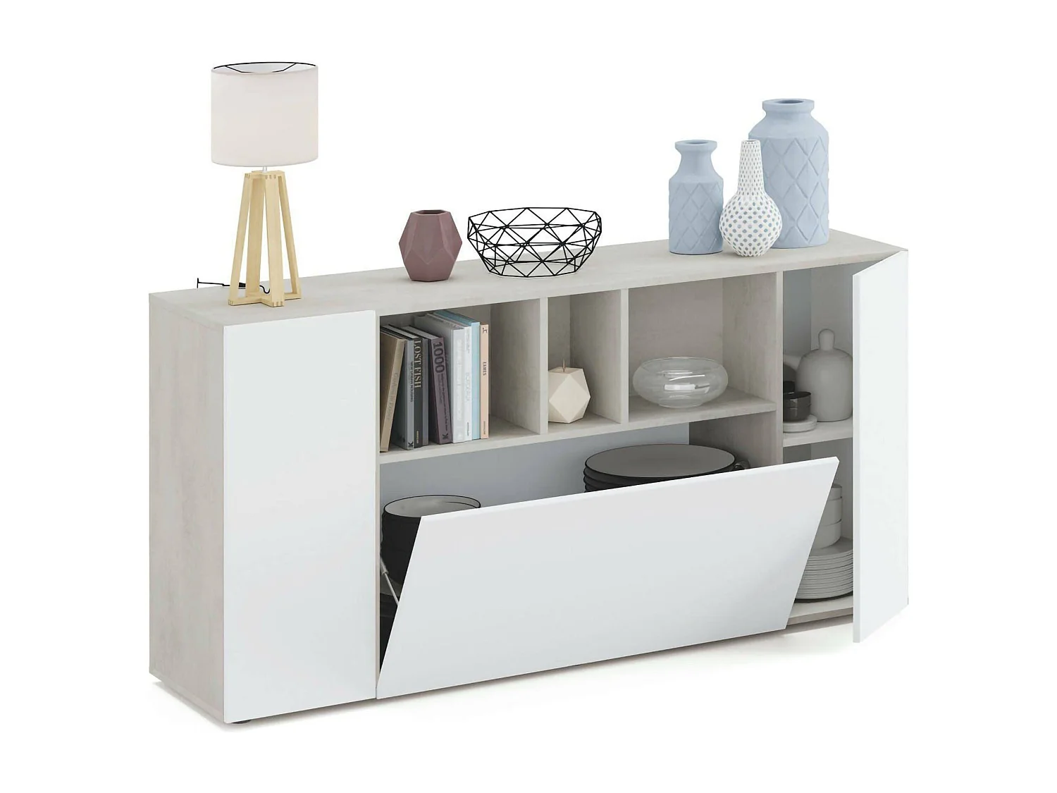 Dmora Dressoir Paterson 41x150x76h cm Wit, 2 Planken, 8 Vakken, Buffetkast 3 Deuren