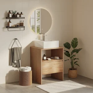 Eiken badmeubel – Vierkante opzetwastafel – Licht natuurlijk – 60 cm – CAVIZO