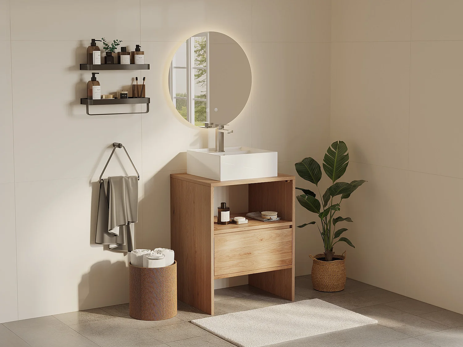 Eiken badmeubel - Vierkante opzetwastafel - Licht natuurlijk - 60 cm - CAVIZO