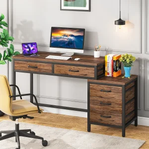 Computerbureau met 5 lades, computerbureau met omkeerbare ladekast, printerstandaard voor thuis, 130x45x82cm Computerbureau met 5 lades, computerbureau met omkeerbare ladekast, printerstandaard voor thuis, 130x45x82cm