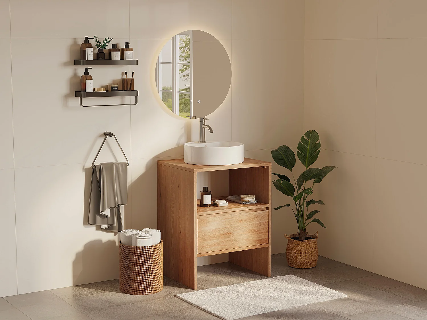 Eiken meubel met enkele ronde opbouwwastafel en kraan - Licht naturel - 60 cm - CAVIZO