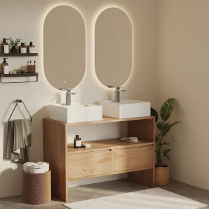 Eiken meubel met dubbele vierkante opbouwwastafel en kraan – Licht naturel – 110 cm – CAVIZO