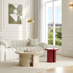 Set van 2 salontafels van MDF – Beige en rood gelakt – DERLALI Set van 2 salontafels van MDF – Beige en rood gelakt – DERLALI