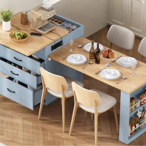 Centraal kookeiland – uitschuifbare eettafel – met LED-verlichting – met stopcontact – met wieltjes en opbergruimte – Blauw Centraal kookeiland – uitschuifbare eettafel – met LED-verlichting – met stopcontact – met wieltjes en opbergruimte – Blauw