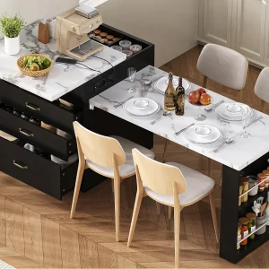 Centraal kookeiland – uitschuifbare eettafel – met LED-verlichting – met stopcontact – met wieltjes en opbergruimte – Zwart + Wit Centraal kookeiland – uitschuifbare eettafel – met LED-verlichting – met stopcontact – met wieltjes en opbergruimte – Zwart + Wit