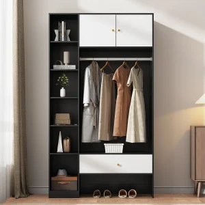 Compacte halkast – 105 x 40 x 185 cm – met 2 deuren + 6 vakken + kledingstang + lade – spaanplaat – wit + zwart Compacte halkast – 105 x 40 x 185 cm – met 2 deuren + 6 vakken + kledingstang + lade – spaanplaat – wit + zwart