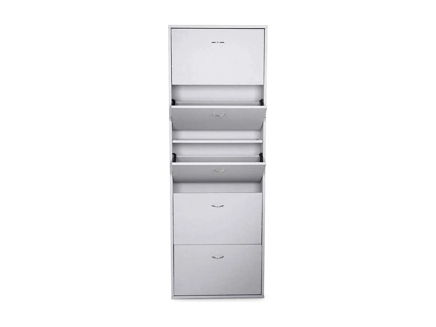 Danobile schoenenrek, Schoenenkast met 5 vouwdeuren, Schoenenrek met hoge instap, Modern schoenenrek, 70x17h180 cm, Glanzend wit