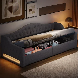 Dagbed 90×200 cm in grijs linnen – Opbergbed met LED-verlichting (matras niet inbegrepen)