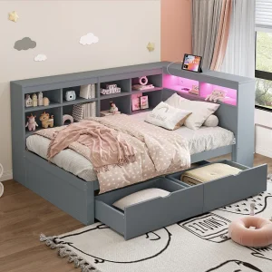 Dagbed 90×200 cm met 2 lades, USB-poort en LED-verlichting – Multifunctioneel eenpersoonsbed van hout – Grijs Dagbed 90×200 cm met 2 lades, USB-poort en LED-verlichting – Multifunctioneel eenpersoonsbed van hout – Grijs