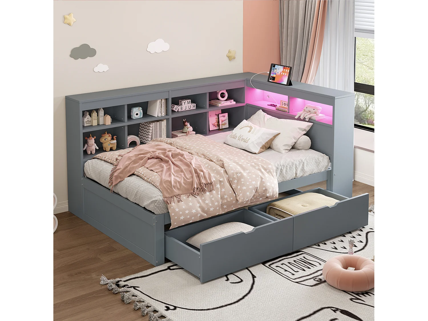 Dagbed 90x200 cm met 2 lades, USB-poort en LED-verlichting - Multifunctioneel eenpersoonsbed van hout - Grijs