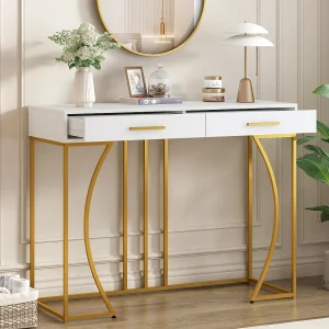 Consoletafel met 2 lades – Gouden metalen poten – Wit 110x32x85 cm