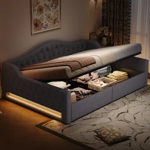 Dagbed 140×200 cm in grijs linnen – Opbergbed voor volwassenen met LED-verlichting