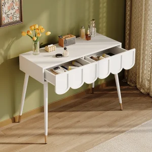 Consoletafel met 2 wolkvormige lades – Metalen poten – Wit en goud