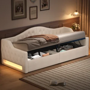 Dagbed van 90×200 cm in beige linnen – Opbergbed met ledverlichting (matras niet inbegrepen) Dagbed van 90×200 cm in beige linnen – Opbergbed met ledverlichting (matras niet inbegrepen)