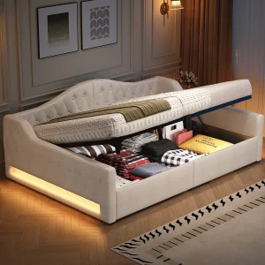 Dagbed 140×200 cm in beige linnen – Opbergbed voor volwassenen met LED-verlichting