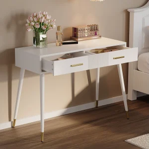 Consoletafel met 2 lades – Metalen poten – Wit en goud