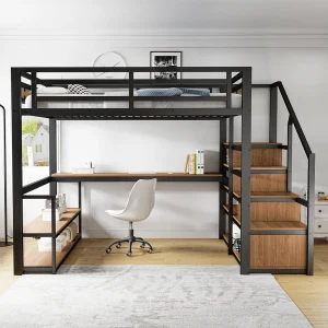 Cama alta de 140x200cm com prateleiras e secretária – Cama infantil em metal e madeira – Preto e castanho escuro
