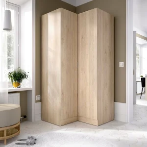 Dcipo kledingkast, Hoekkast voor slaapkamer, Hoekkast met 2 draaideuren, 91x93h184 cm, Eiken