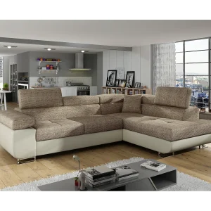 Converteerbare hoekbank in kunstleer en stof met opklapbare hoofdsteunen – Marka Collection-Kleur Lichtbeige/gemêleerd beige-juiste hoek Converteerbare hoekbank in kunstleer en stof met opklapbare hoofdsteunen – Marka Collection-Kleur Lichtbeige/gemêleerd beige-juiste hoek