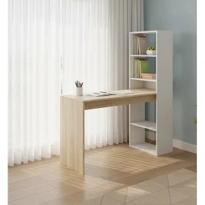 Dacarte Bureau, Omkeerbaar multifunctioneel bureau met boekenkast met 5 planken, Studeer- of kantoortafel voor pc-boekenhouder, 120x53h144 cm, Wit en eiken
