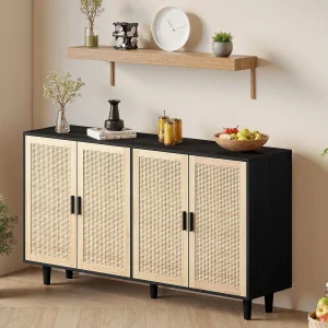 Buffetkast met 4 rotan deuren – PB hout 158x40x88cm – Zwart en licht naturel