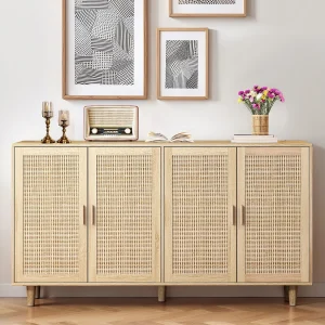 Buffetkast met 4 rotan deuren – PB hout 158x40x88cm – Licht naturel