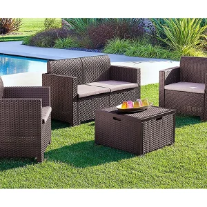 Dmotto outdoor loungeset, Tuinset met kussens, Rotan effect loungeset voor binnen en buiten, 100% Made in Italy, Bruin Dmotto outdoor loungeset, Tuinset met kussens, Rotan effect loungeset voor binnen en buiten, 100% Made in Italy, Bruin