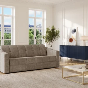 Vierzitsslaapbank express in taupe stof brede latten 160 cm matras 14 cm DARIELO