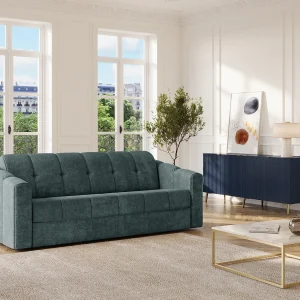 Driezitsslaapbank express beige stof brede latten 140 cm matras 14 cm DARIELO Driezitsslaapbank express beige stof brede latten 140 cm matras 14 cm DARIELO