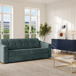 Driezitsslaapbank express in turquoise-blauwe structuurstof 140 cm matras 18 cm DARIELO Driezitsslaapbank express in turquoise-blauwe structuurstof 140 cm matras 18 cm DARIELO