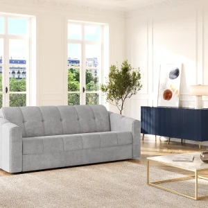 Vierzitsslaapbank express in lichtgrijze stof brede latten 160 cm – 18 cm DARIELO