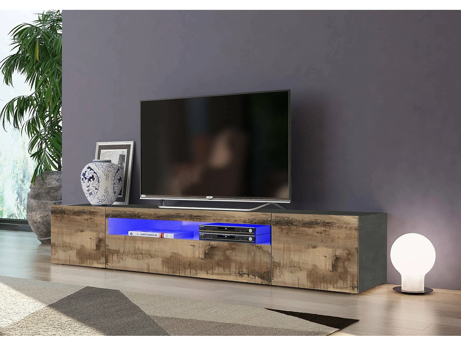 Dmarso TV-meubel, Laag woonkamerdressoir met 3 deuren, TV-meubelbasis, 100% Made in Italy, 200x40h37 cm, Leisteen en esdoorn