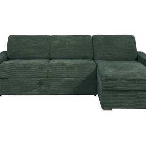 Uitklapbare hoekbank in groen ribfluweel 140 cm brede latten 22 cm CALITO