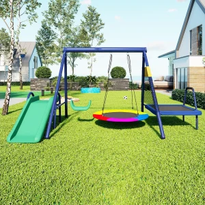 Buitenschommelset – Glijbaan + trampoline + 2 schommels – Blauw metaal